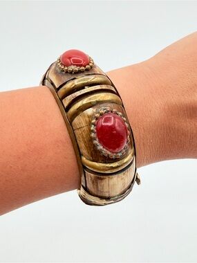 Vintage Made in India Bone Brass Hinged Cuff Bracelet Red Cabochon Boho
